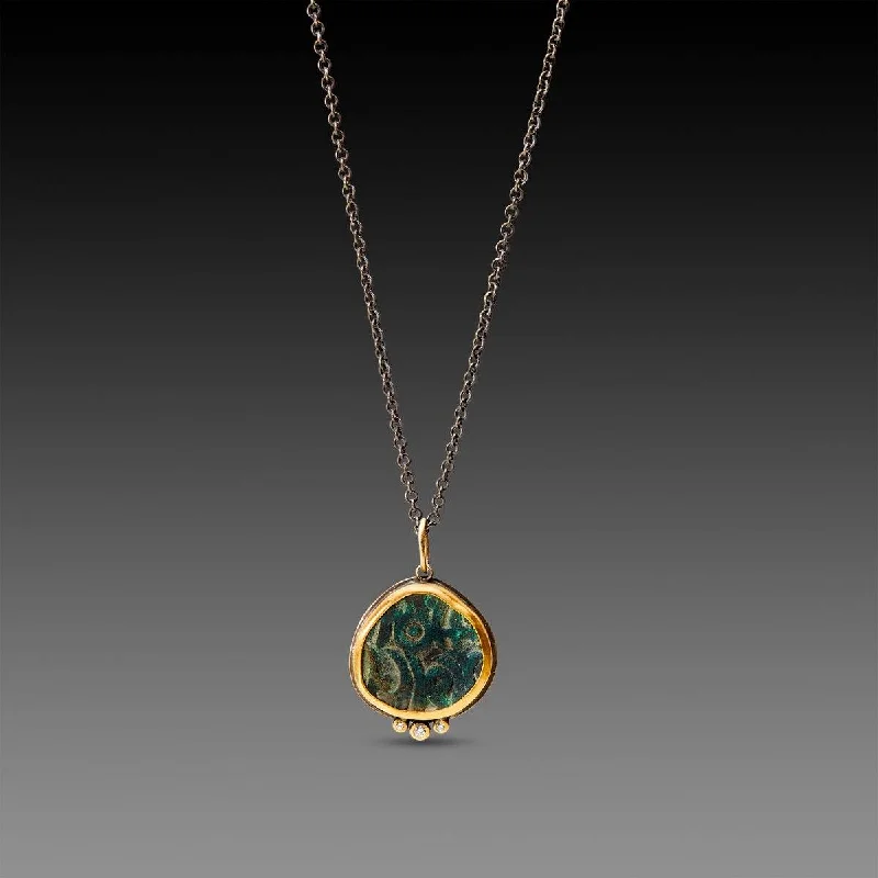 Gemstone Pendant Necklace-Ancient Indian Coin Necklace with Diamonds