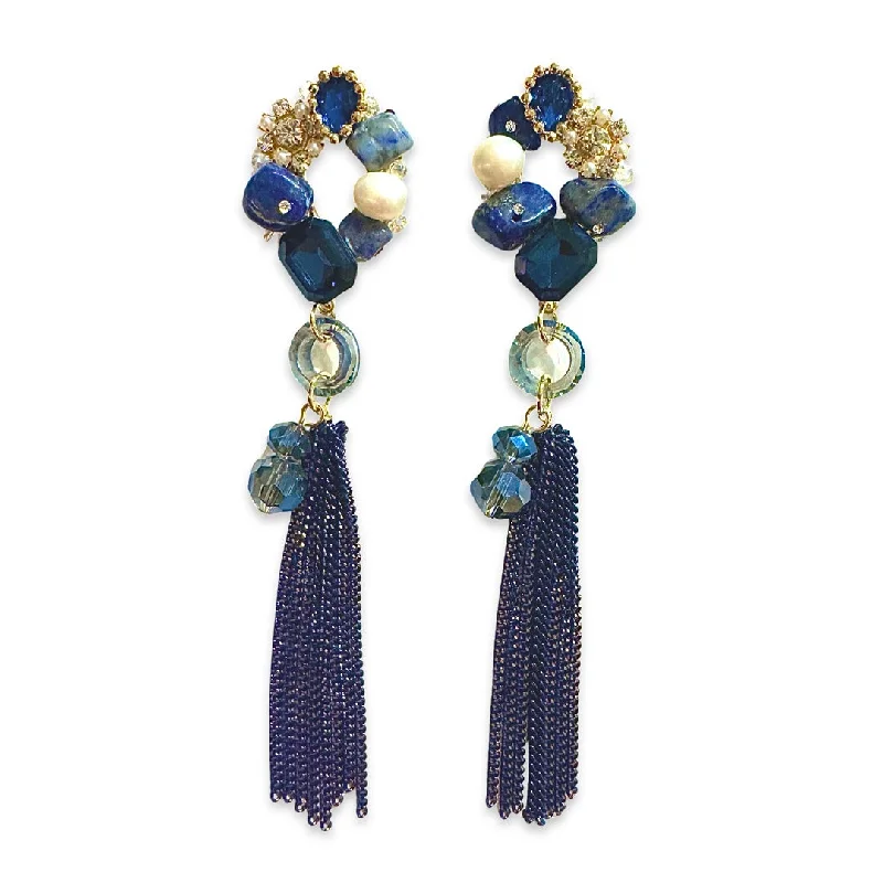 Designer Silver Earrings-Pearlea Cluster Tassel Statement Earrings