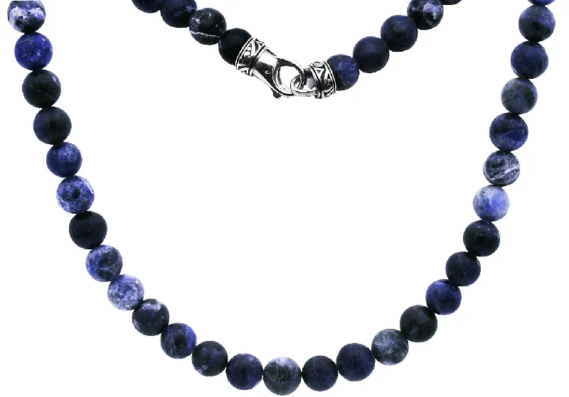 Fashion Bar Necklace-Mens Genuine 8mm Sodalite Stainless Steel Beaded Necklace