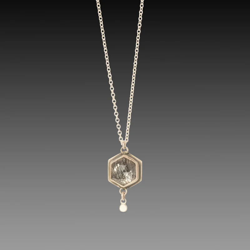 Rose Gold Chain Necklace-Tourmalinated Quartz Hexagon Necklace