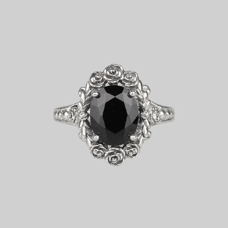 Oval Engagement Ring for Women-MARIA. Rose Wreath Onyx Silver Cocktail Ring