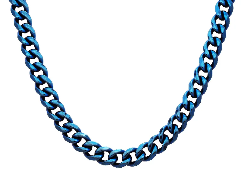 Classic Pearl Pendant Necklace-Mens 10mm Blue Stainless Steel Curb Link Chain Necklace