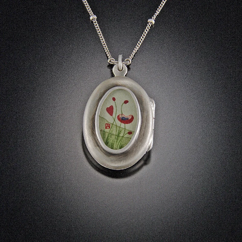 Handmade Pearl Necklace-Oval Poppy Locket