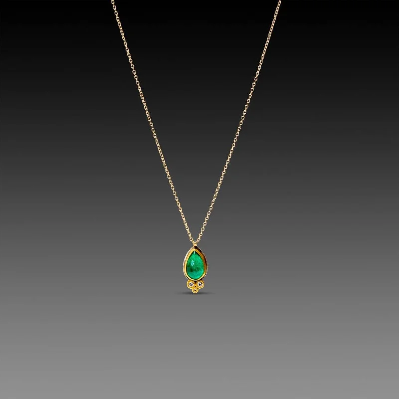 Natural Gemstone Pendant Necklace-Teardrop Emerald Necklace with Three Diamonds