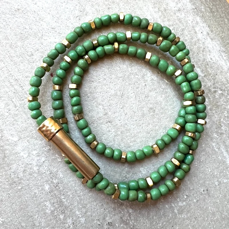 Gold Bead Chain Necklace-Cactus Green Shine Wrap Bracelet / Wish Necklace