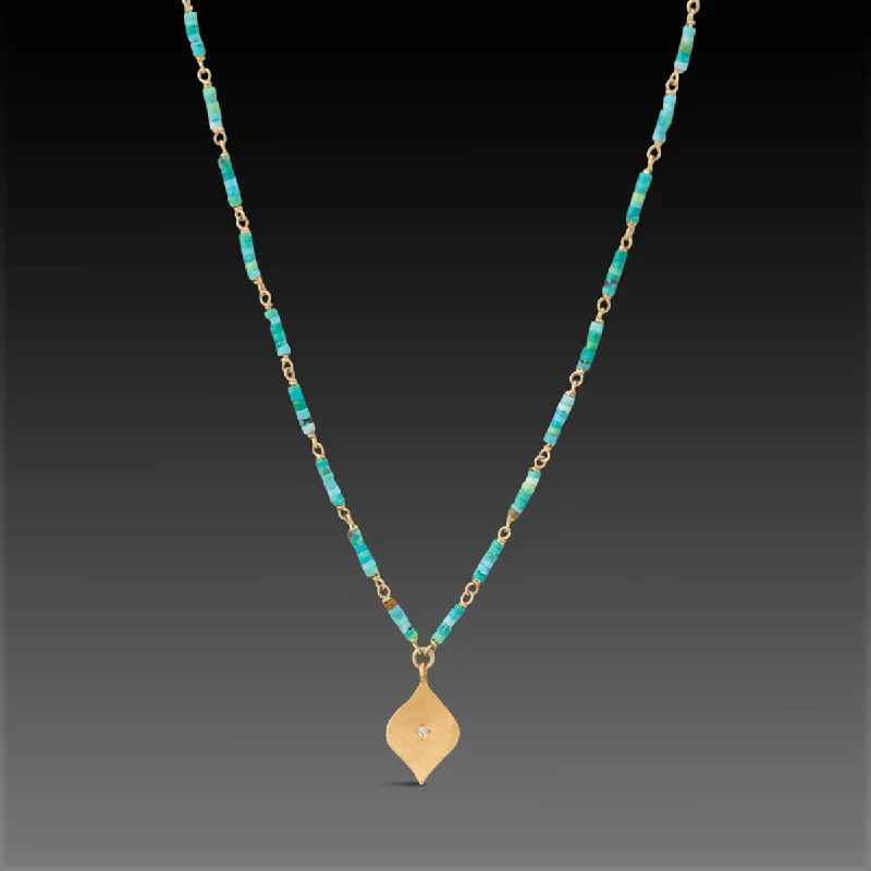 Layered Crystal Necklace-Turquoise Bead Necklace with 22k Diamond Charm