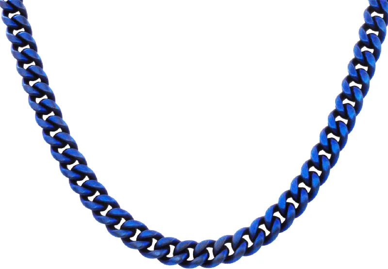 Eco-Friendly Necklace-Mens 10mm Matte Blue Stainless Steel Miami Cuban Link Chain Necklace With Box Clasp