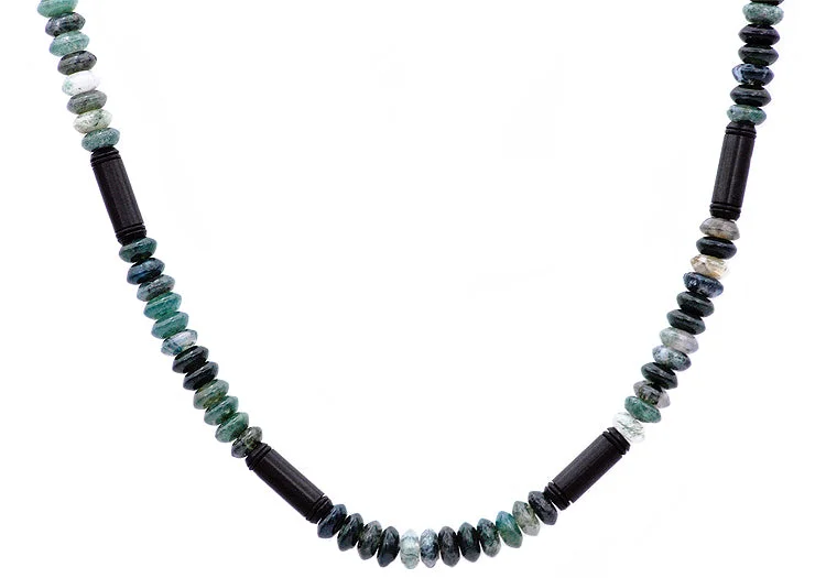 Handmade Gemstone Necklace-Mens Genuine Green Jasper Stainless Steel Necklace