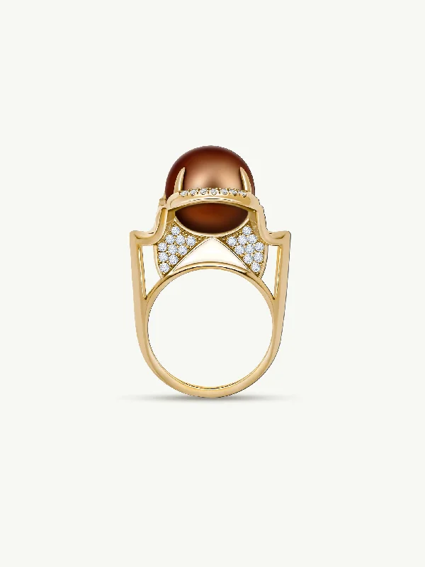 Men's Diamond Ring-Isis Goddess Ring With Japanese Akoya Chocolate Pearl & Pavé-Set Brilliant White Diamonds In 18K Yellow Gold