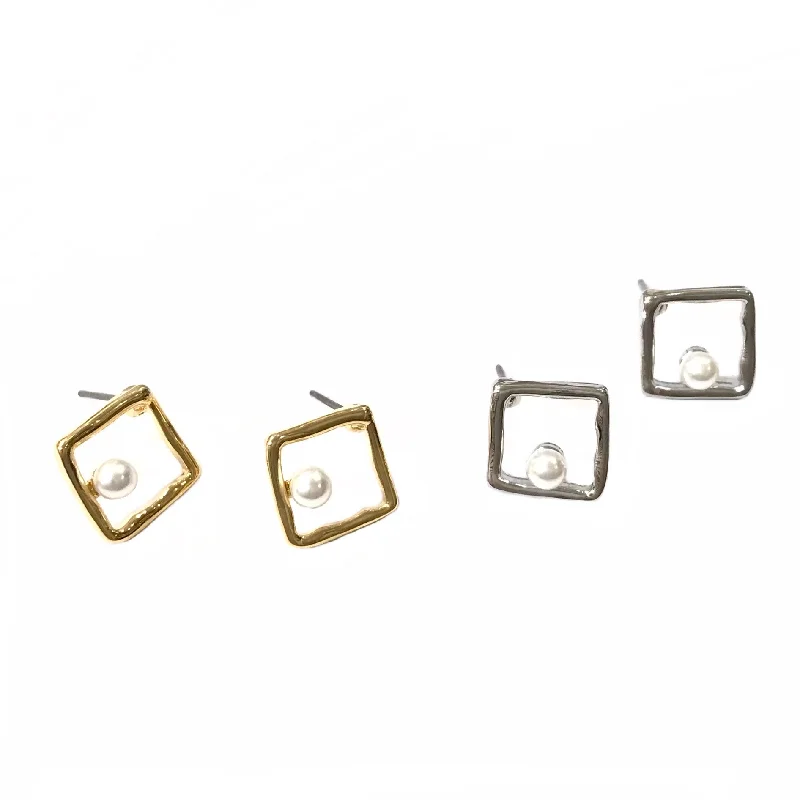 Designer Silver Earrings-Krista Pearl Square Studs