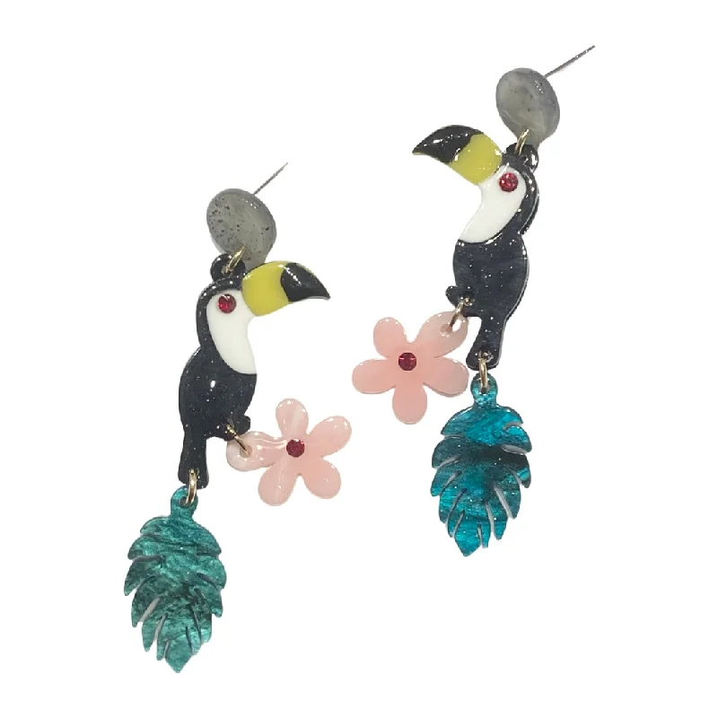 Long Silver Earrings-Toucan Earrings