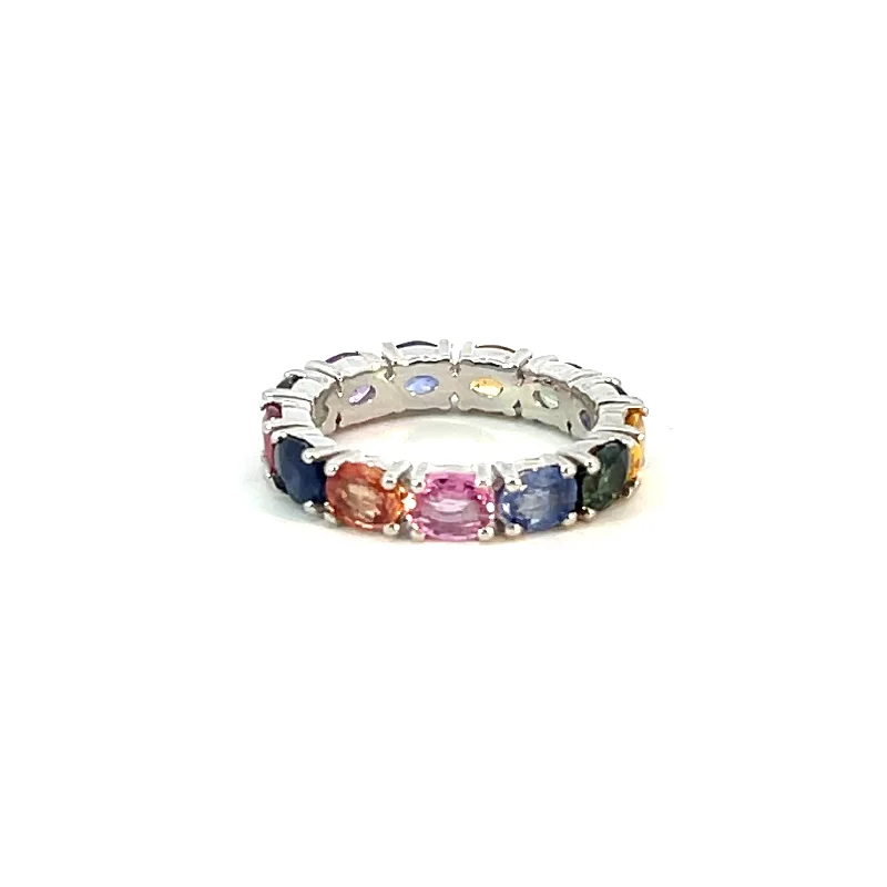 Birthstone Engagement Ring-Platinum Rainbow Sapphire Oval Cut Eternity Ring