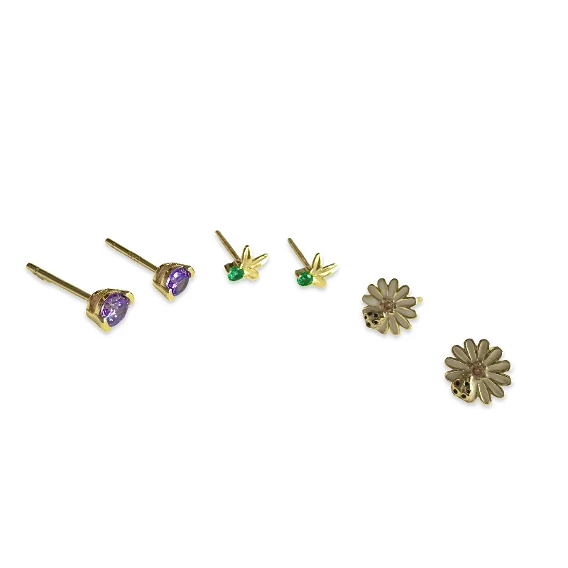 Vintage Gold Earrings-Flower 3-Pair Earrings Set