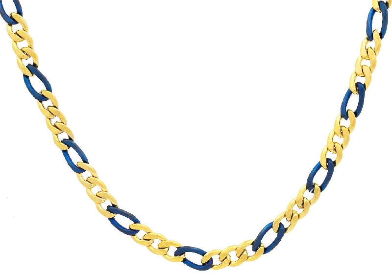 Blue Sapphire Necklace-Mens Two-tone Blue & Gold Stainless Steel Figaro Link Chain Necklace