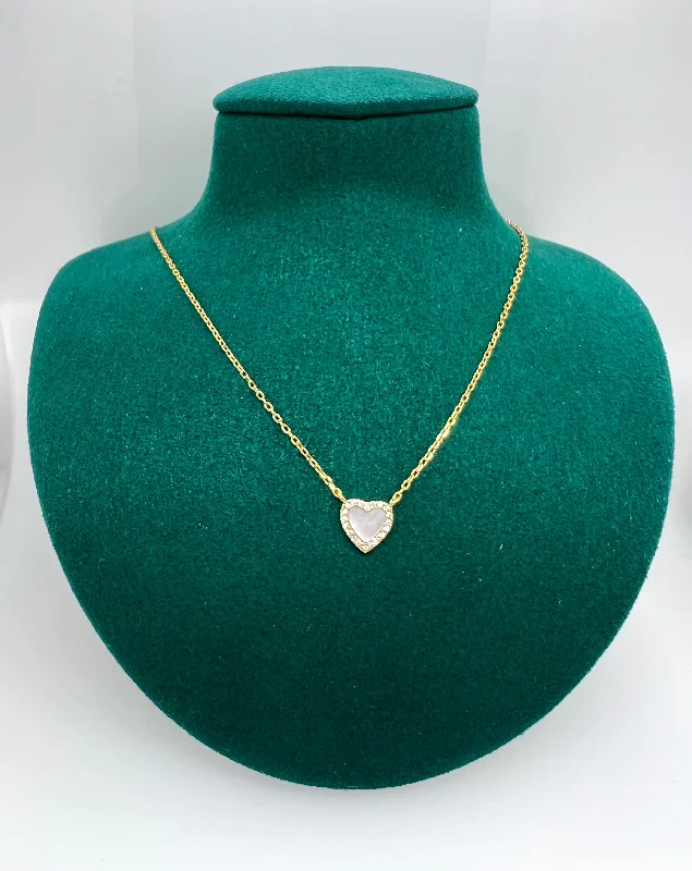 Beaded Gold Necklace-"PEARLY" HEART CZ PAVE Necklace