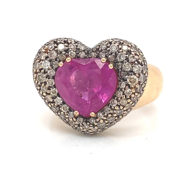 Classic Diamond Wedding Ring-Savoia Pave Brown Diamond Pave Pink Ruby Heart Fashion Ring