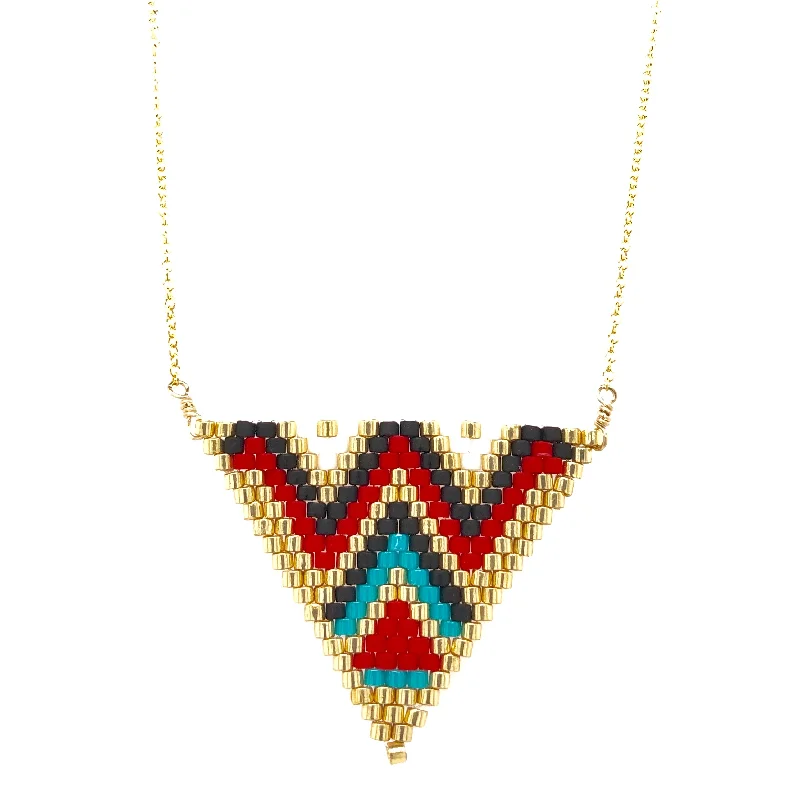 Colorful Gemstone Pendant Necklace-Seed Bead Tribal Triangle Necklace