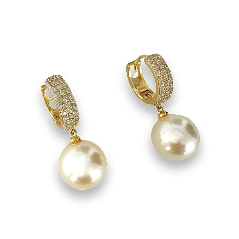 Bridal Earrings for Weddings-Carrie Pearl Pave Huggies