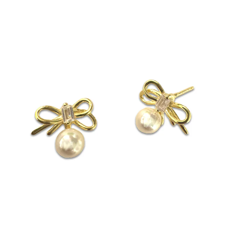 Simple Gold Earrings-Pearl Ribbon Bow Studs