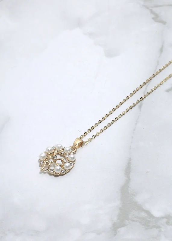 Diamond Heart Necklace-Pearl & Rhinestone Bow Necklace