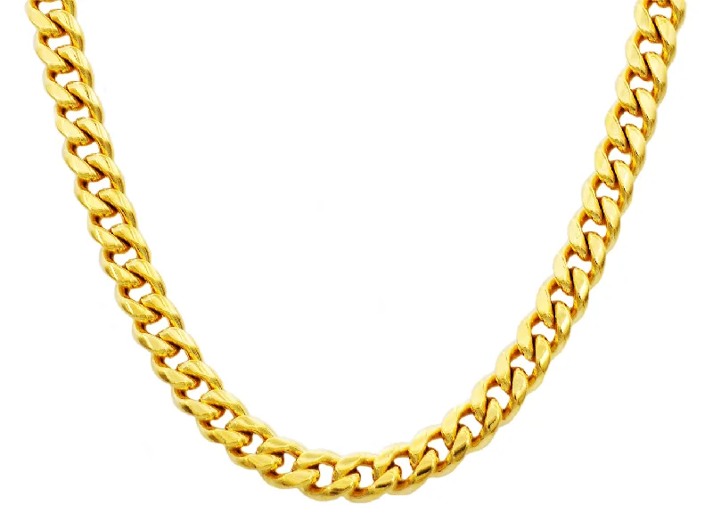 White Crystal Necklace-Mens 10mm Gold Stainless Steel Cuban Link Chain Necklace With Box Clasp