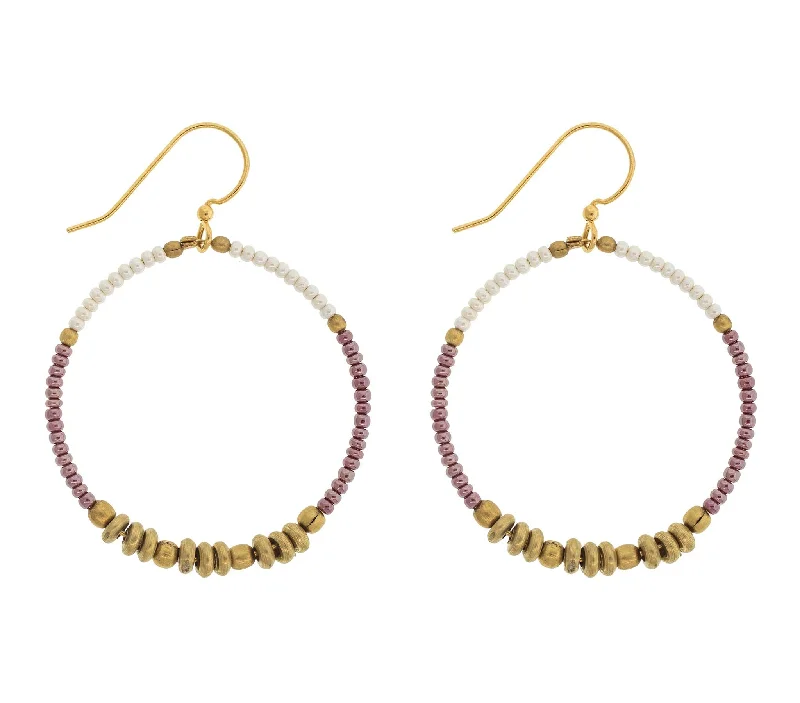 Colorful Pearl Earrings-<br> Colorblocked Brass Hoops <br> Mulberry