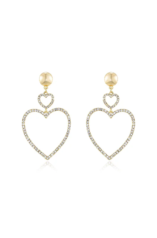 Pretty Gold Earrings-Double Heart Crystal Drop Earrings