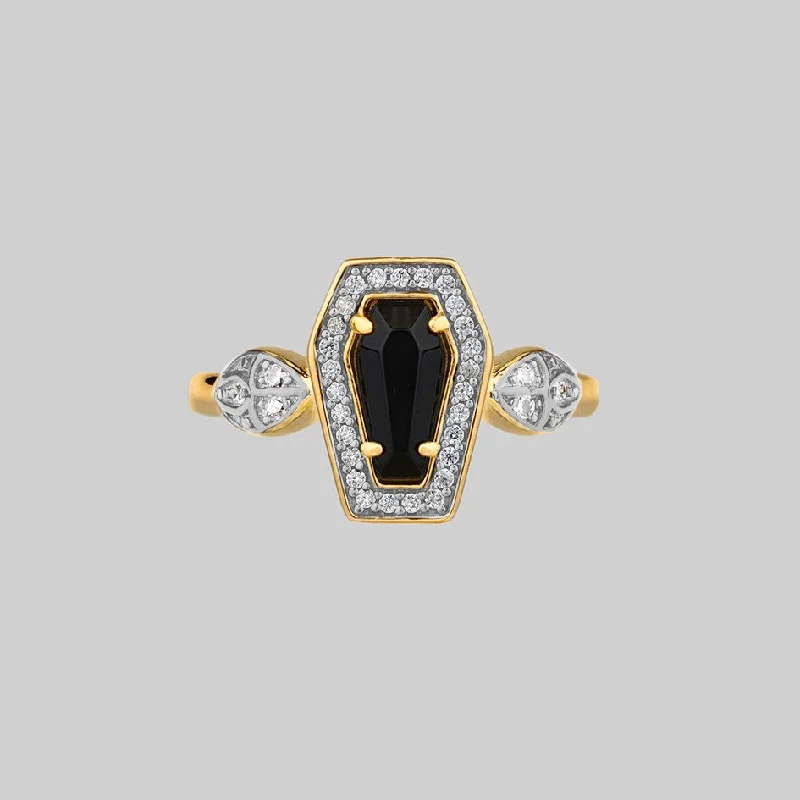 Men’s Vintage Wedding Band-MORI. Black Onyx & Crystal Coffin Gold Ring