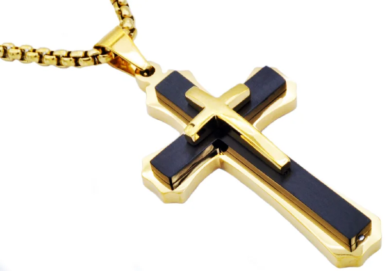 Wedding Necklace for Bridesmaids-Mens Black And Gold Plated Stainless Steel Cross Pendant Necklace