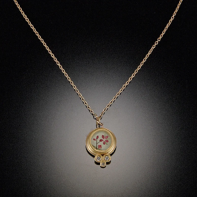 Birthstone Pendant Necklace-Tiny Gold Plum Blossom Necklace with Diamond Trio