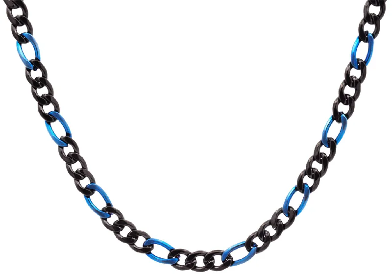 Custom Nameplate Necklace-Mens Two-tone Black & Blue Stainless Steel Figaro Link Chain Necklace