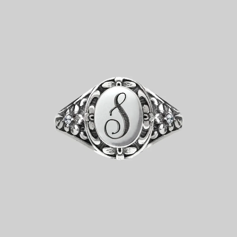 Handcrafted Engagement Ring-DARK GARDEN. Ornate Initial Ring (N - Z)