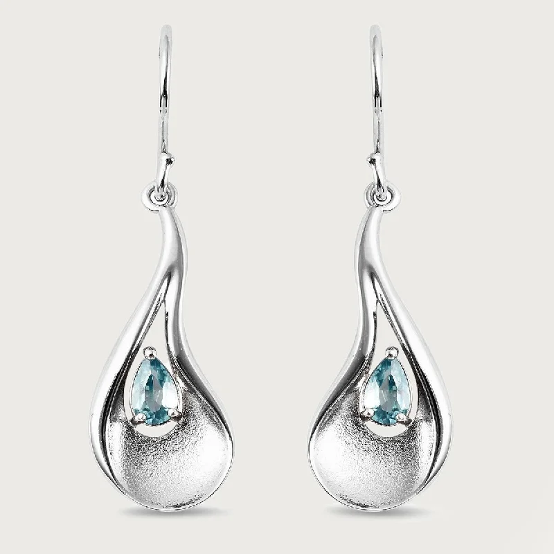 Elegant Pearl Drop Earrings-Sandblast Texture Wave Earrings with Ratanakiri Blue Zircon