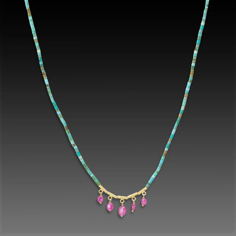 Long Diamond Pendant Necklace-Turquoise Necklace with Five Ruby Drops