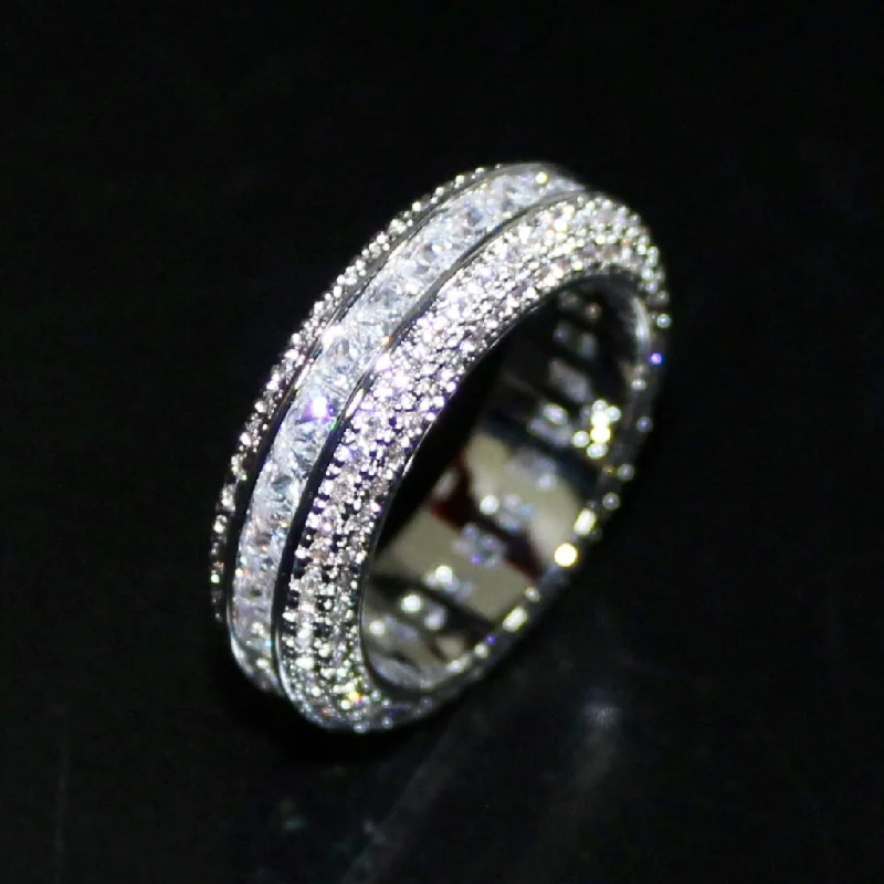 Unique Promise Ring-.925 Silver Princess Cut Channel Set CZ Eternity Band Ring in Rhodium