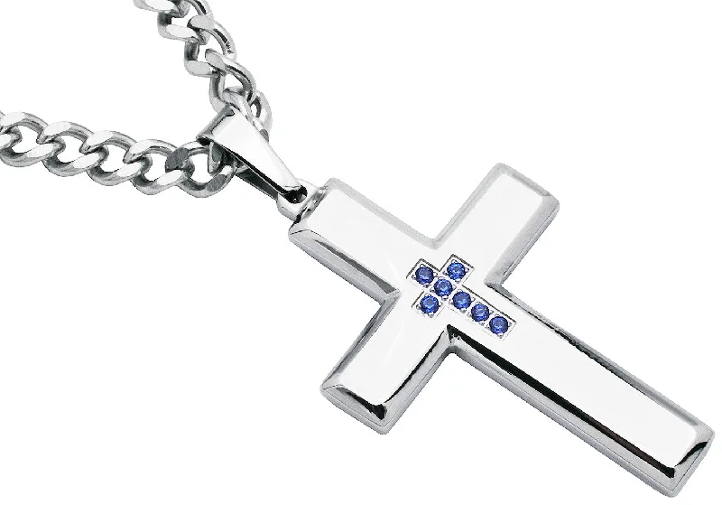 Bright Gold Pendant Necklace-Mens Polished Stainless Steel Cross Pendant Necklace With Blue Cubic Zirconia