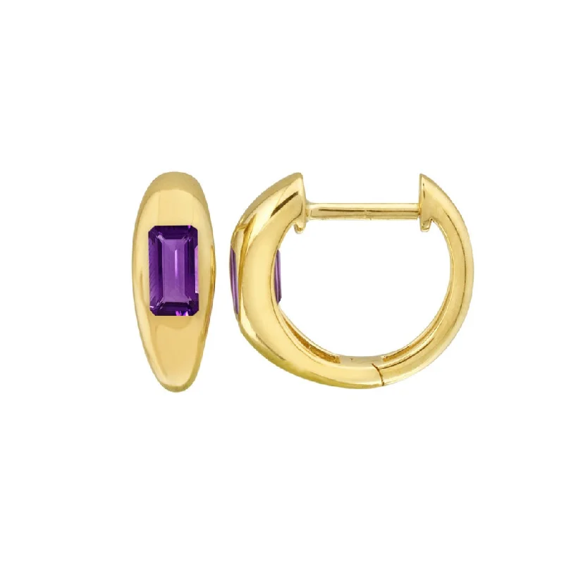 Rose Gold Drop Earrings-Gold Huggies -  Emerald Cut Amethyst