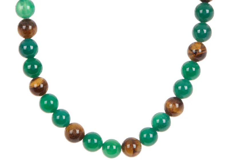 Pearl Drop Necklace-Mens Genuine Green Agate And Tiger Eye Gold Stainless Steel Beaded Necklace