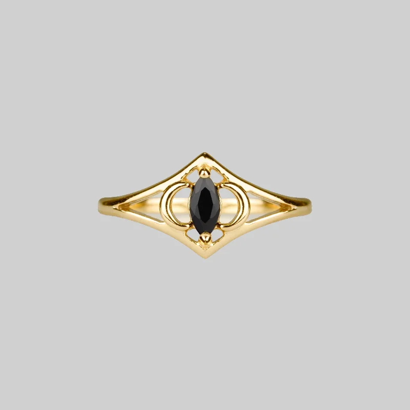 Antique Diamond Ring-CELESTIAL. Two Moons Black Spinel Gold Ring