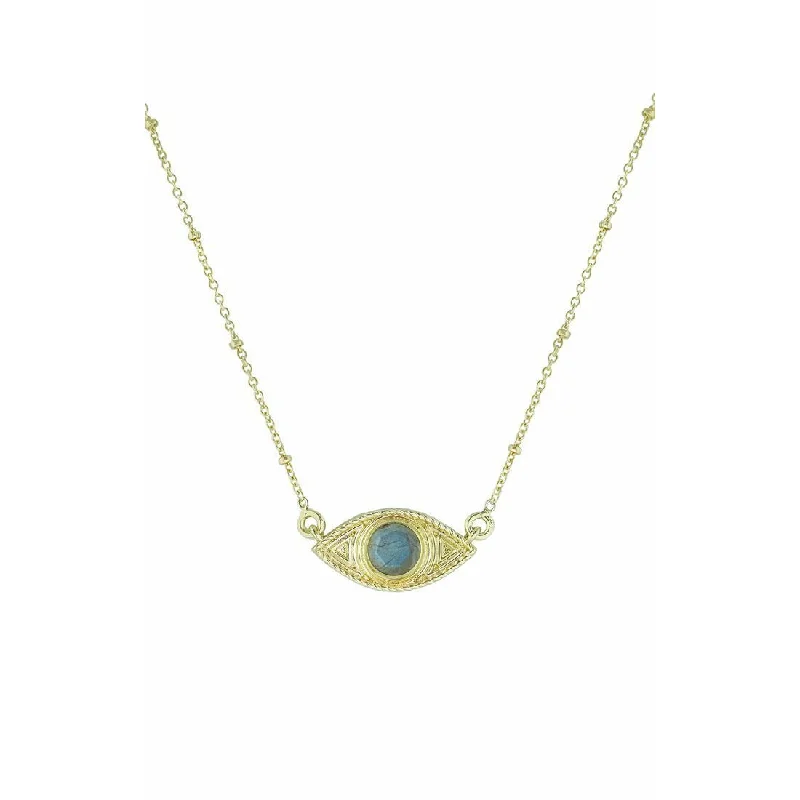 Bright Gold Pendant Necklace-Labradorite Evil Eye