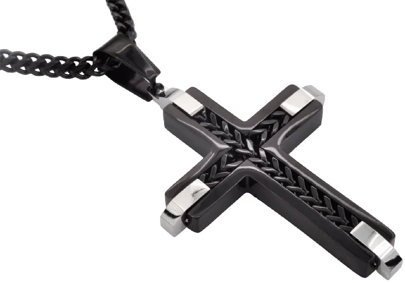 Rose Gold Pendant Necklace-Mens Black Stainless Steel Cross Pendant Necklace With Franco Link Chain Inlay