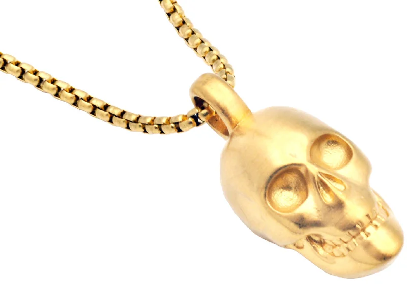 Handmade Crystal Pendant Necklace-Mens Gold Plated Stainless Steel Skull Pendant Necklace With 24" Box Chain