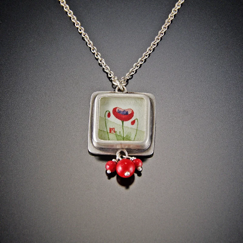 Two-Piece Necklace Set-Tiny Square Poppy Necklace with Coral