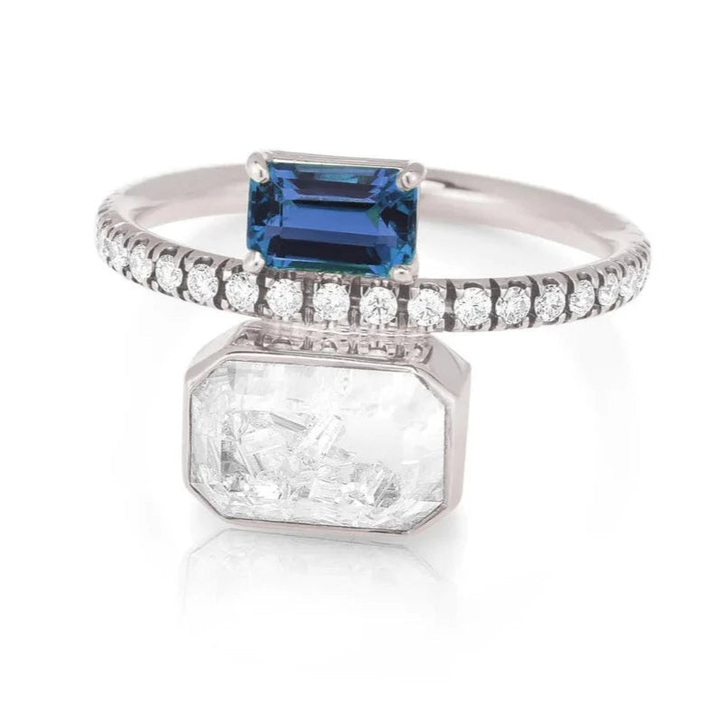 Antique Diamond Ring-Moritz Glik Emerald cut Blue Sapphire and Diamond Shaker Ring