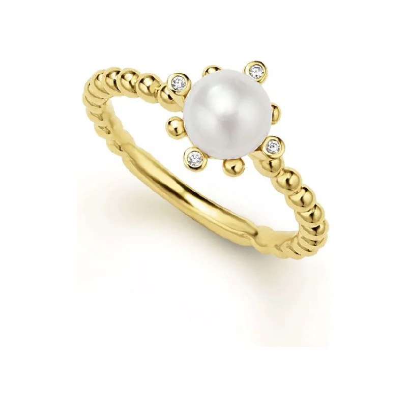 Custom Wedding Ring Band-Lagos 18K Luna Fleur Pearl & Diamond Ring