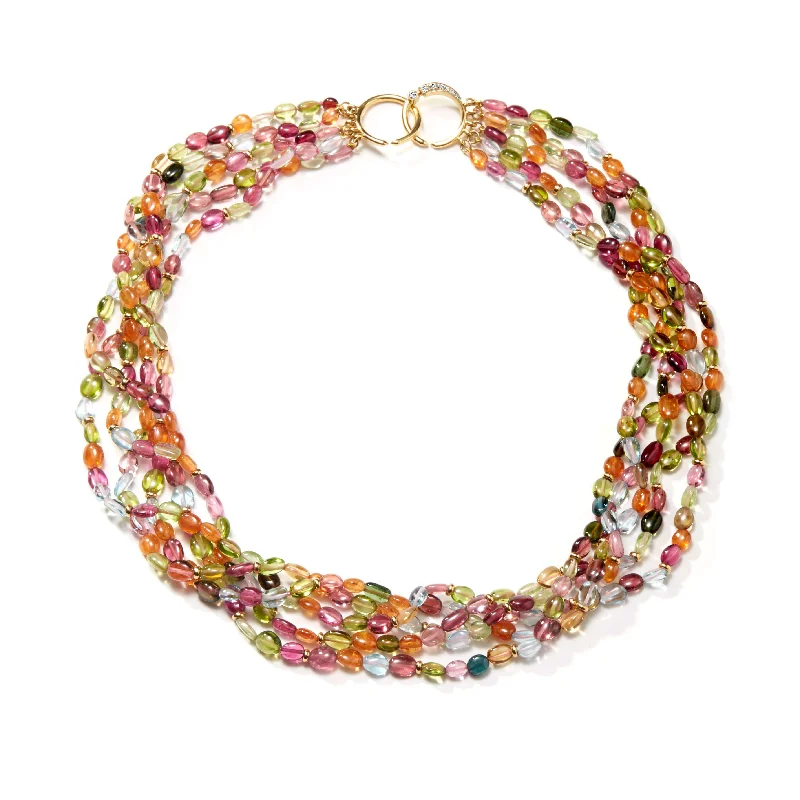 Layered Silver Necklace-Five Strand Multicolor Bead Necklace