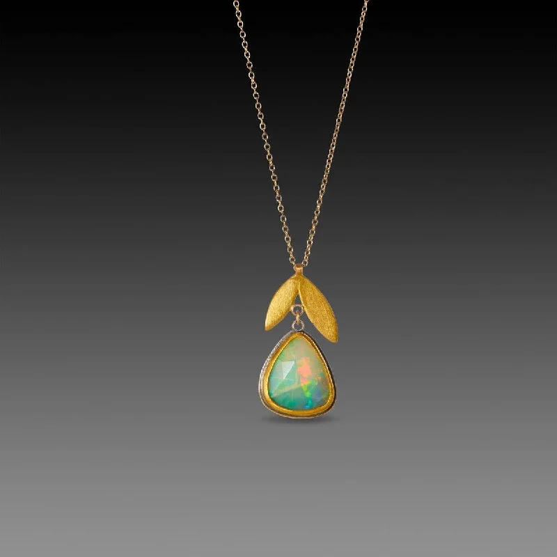 Delicate Gold Necklace-Ethiopian Opal with 22k Double Leaf Necklace