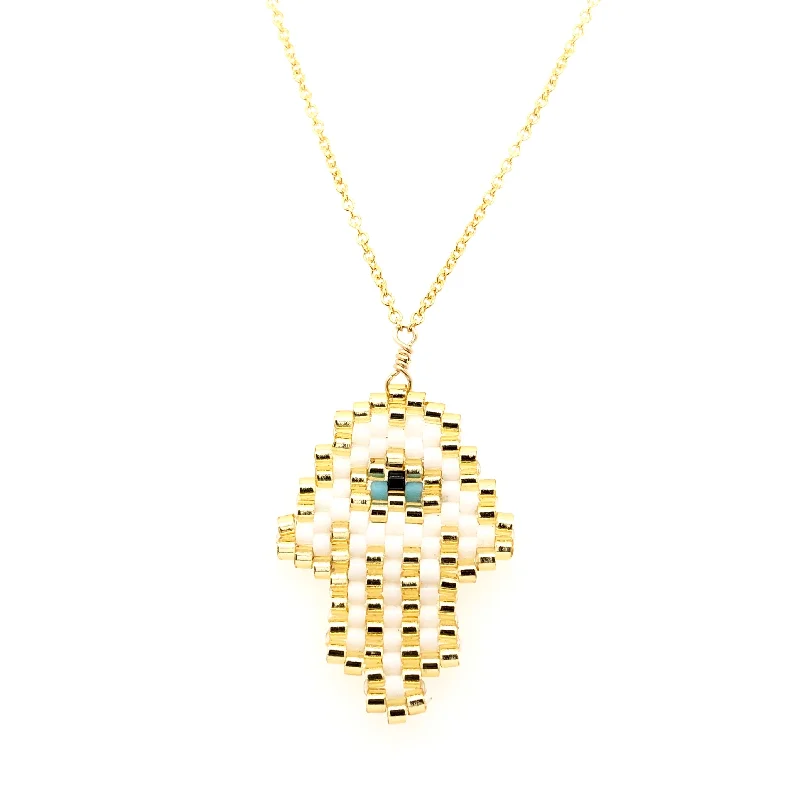 Simple Gold Choker Necklace-Seed Bead White Hamsa with Turquoise Eye Necklace