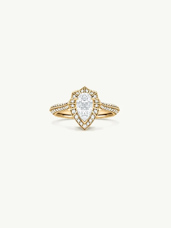 Bridal Sapphire Ring-Atara Engagement Ring With Brilliant-Cut Pear-Shaped White Diamond In 18K Yellow Gold