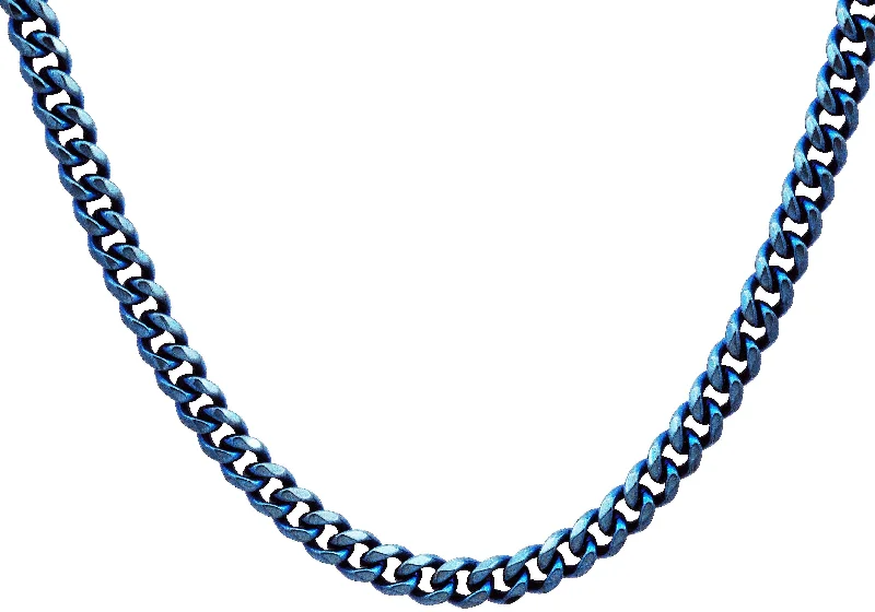 Personalized Silver Necklace-Mens 7mm Blue Plated Stainless Steel Curb 24" Link Chain Necklace